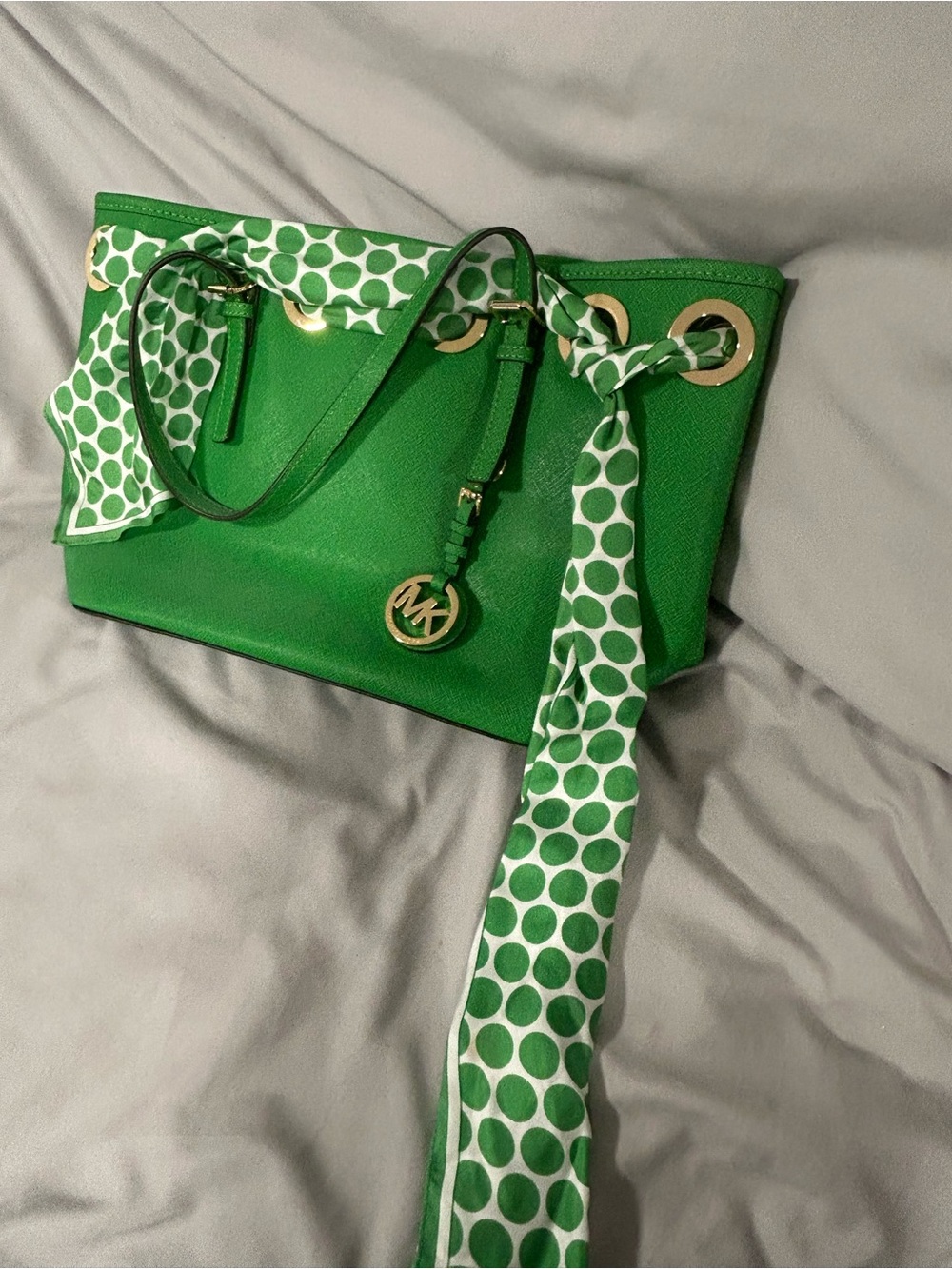 Michael Kors Green Leather Tote with Polka-Dot Scarf and Gold Hardware